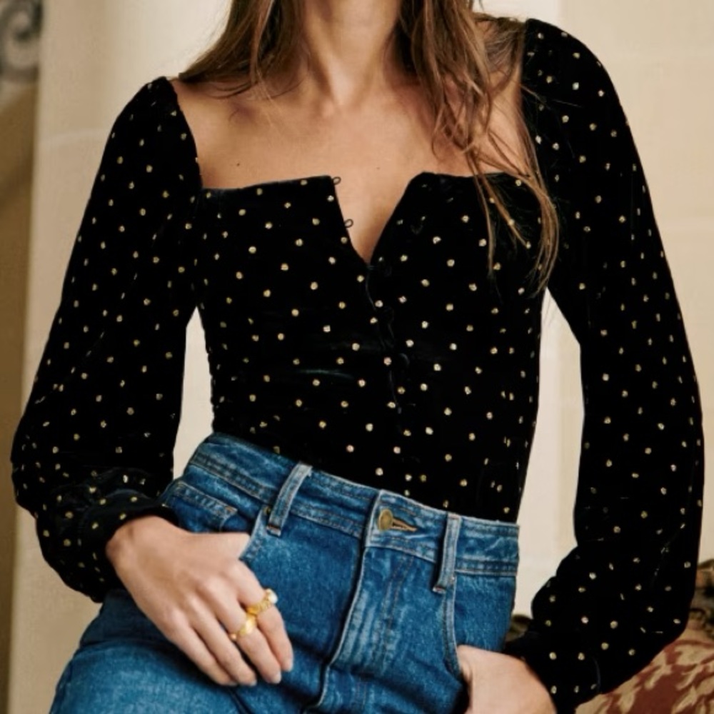 Sézane Annelise Blouse - Black Velvet with Gold Glitter Dots, US Size 12